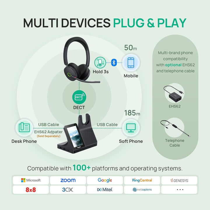 Yealink WH68 All-in-One UC-Workstation - DECT &amp; Bluetooth Wireless Headset mit 4-Zoll Touchscreen, H