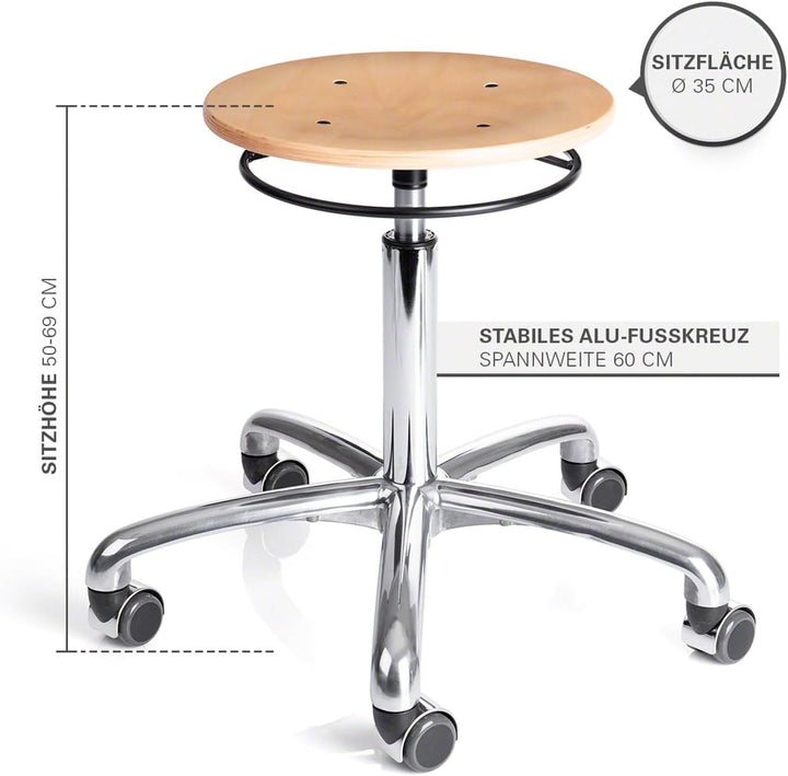 Sport-Tec Drehhocker Exklusiv mit Holz-Sitzfläche und Rollen, Rollhocker Arbeitshocker