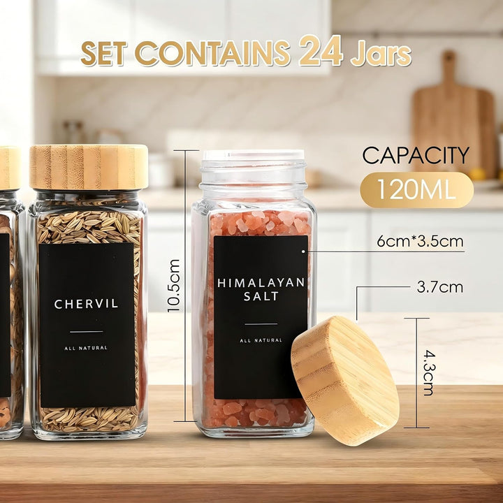 Gewürzgläser Eckig Set [24 Stück] mit Bambus Deckel, 120ml Gewürzdosen mit 246 Etiketten, Spice Jars