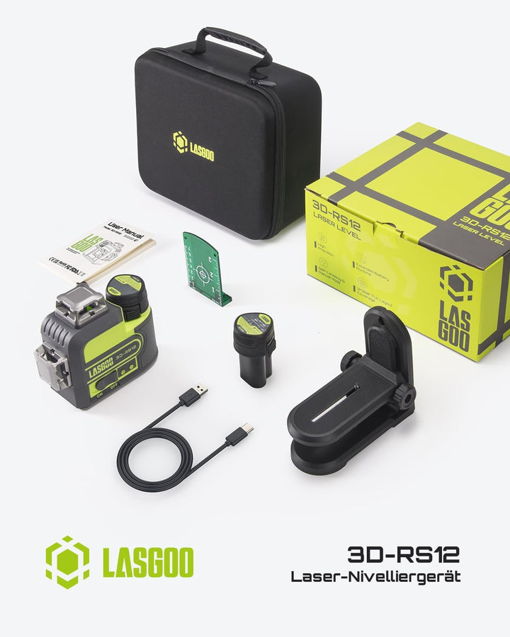 LasGoo 3D-RS12 Laser-Nivelliergerät: 3x360° grüner Strahl, selbstnivellierend, ideal für Bau und Bil