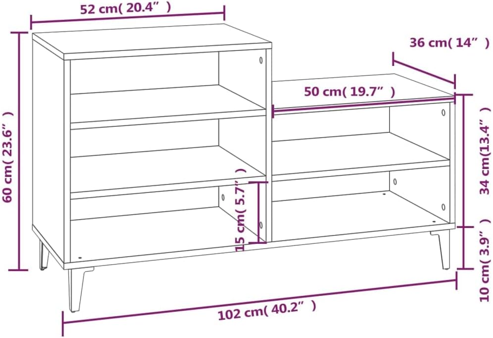 Schuhregal Betongrau 102x36x60 cm aus Holzwerkstoff mit 5 Fächern, platzsparender Ständer für Flur u