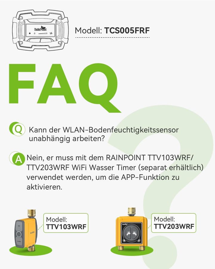 RAINPOINT WiFi Bodenfeuchtigkeitssensor TCS005FRF Muss mit WLAN Bewässerungscomputer TTV103WRF oder