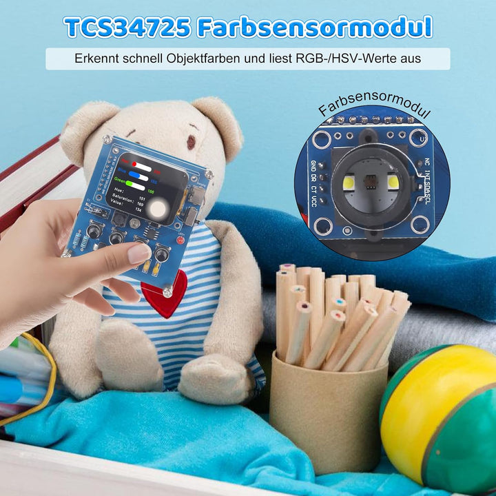 Farberkennung Löt Bausatz, DIY Elektronik Bausatz mit RGB Farbsensor, Farbscanner mit 4 Modi für Sca