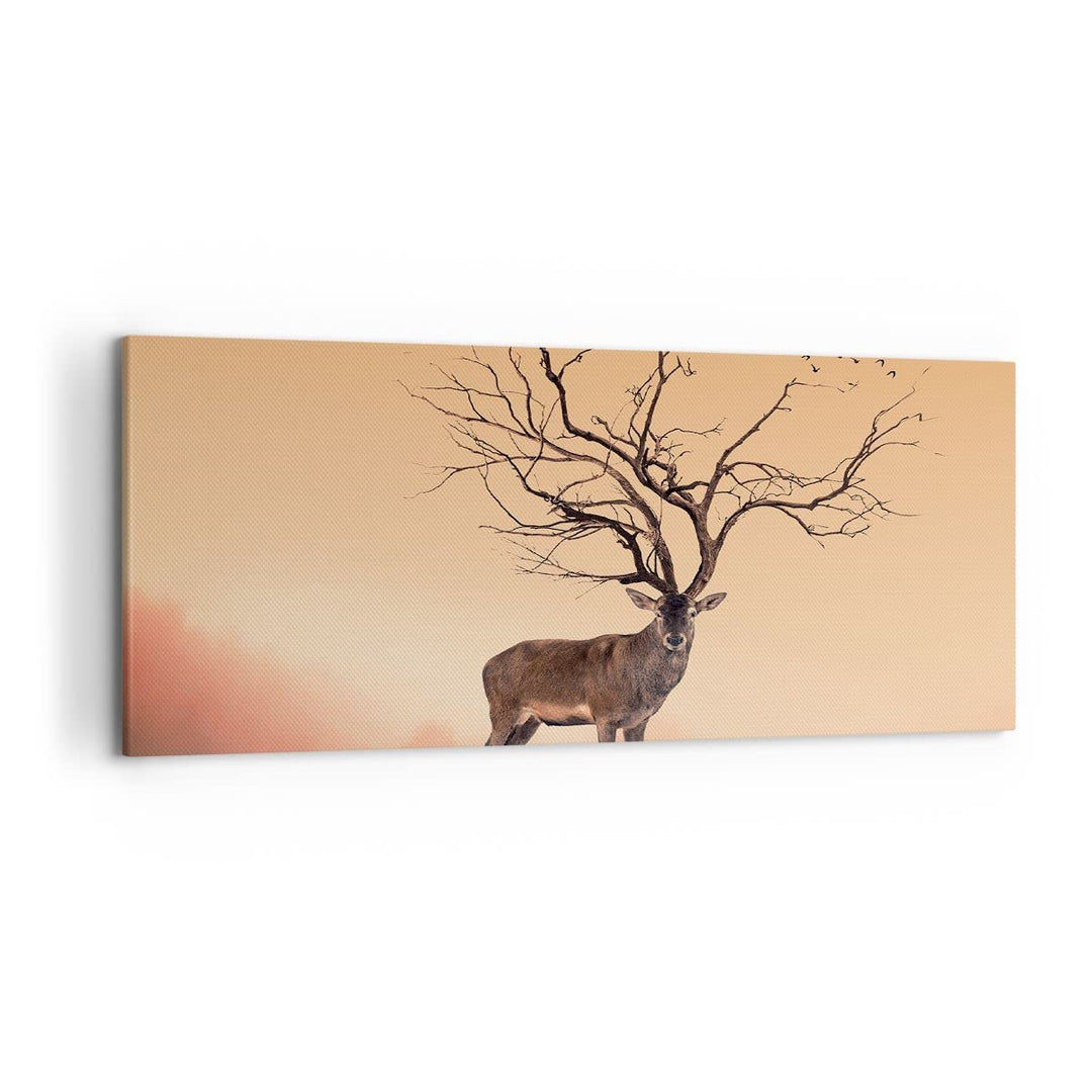 Wandbilder Dekoration Wohnzimmer Hirsch Baum Nebel Wald Panorama Bilder auf Leinwand 120x50cm Leinwa