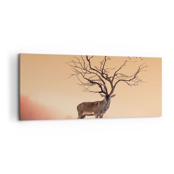 Wandbilder Dekoration Wohnzimmer Hirsch Baum Nebel Wald Panorama Bilder auf Leinwand 120x50cm Leinwa