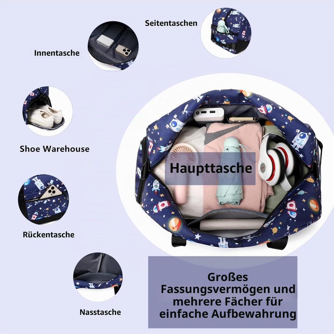 Lmwzh Kinder Sporttasche Reisetasche mitSchuhfach Turnbeutel wasserdichte Schwimmtasche(Weltraum), W
