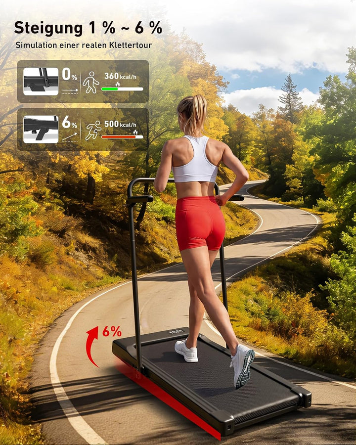 Superun Walking Pad mit Steigung 6%, Laufband mit App Erlebnis vor Ort Glänzend Schwarz 90cm, Glänze