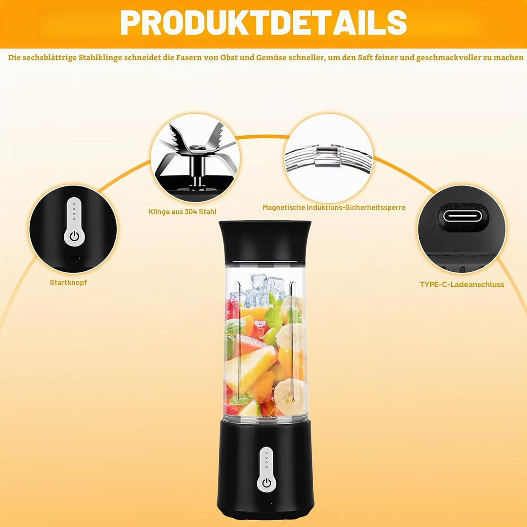 Vegena Smoothie Maker, Tragbarer Mixer 500mL, Blender, Schwarz Portable Blender, Wiederaufladbarer 4