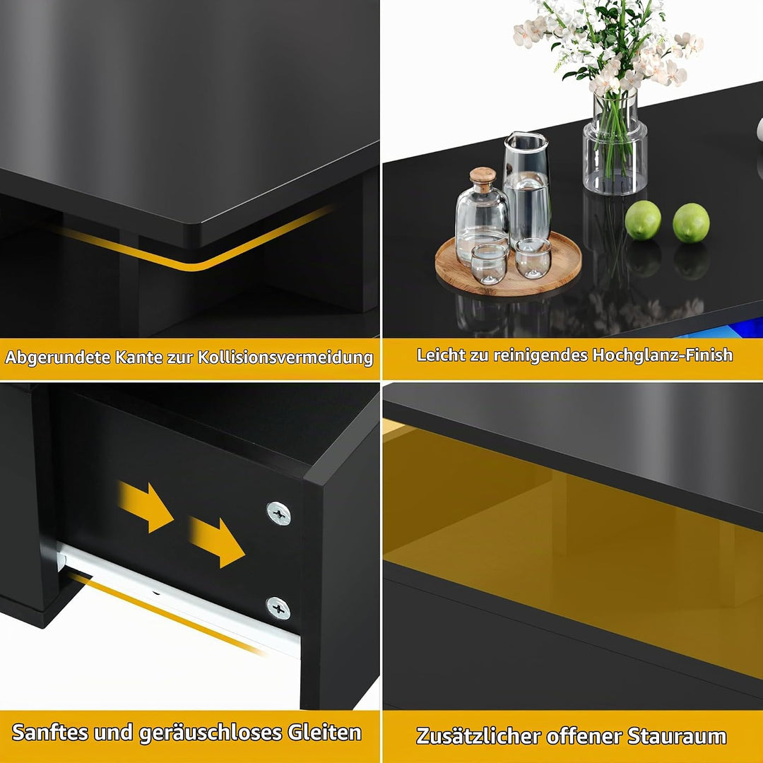 DWVO Couchtisch Modern, Wohnzimmertisch Hochglanz mit LED Beleuchtung, Kaffeetisch mit Offenem Ausst