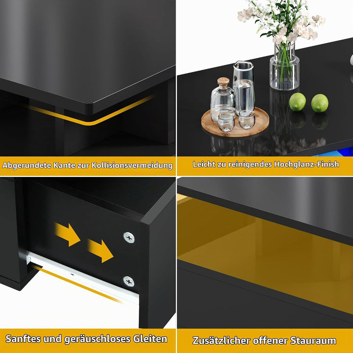 DWVO Couchtisch Modern, Wohnzimmertisch Hochglanz mit LED Beleuchtung, Kaffeetisch mit Offenem Ausst