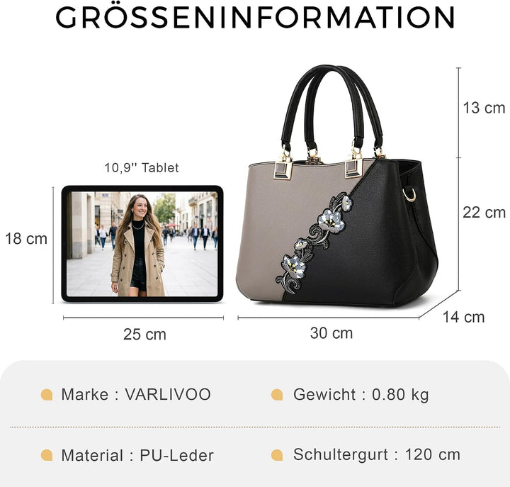 VARLIVOO Damen Handtasche Schultertasche Blumenmuster Frauen Umhängetasche Pom Pom Dekoration Shoppe