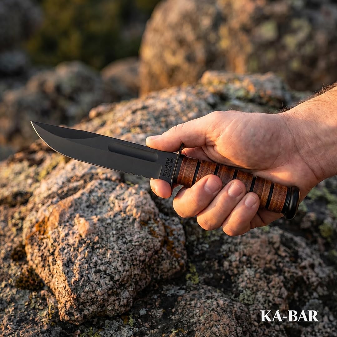 Ka-Bar US Army 7" Fixed Blade Knife, Serrated Leather Handle w/Brown Sheath 