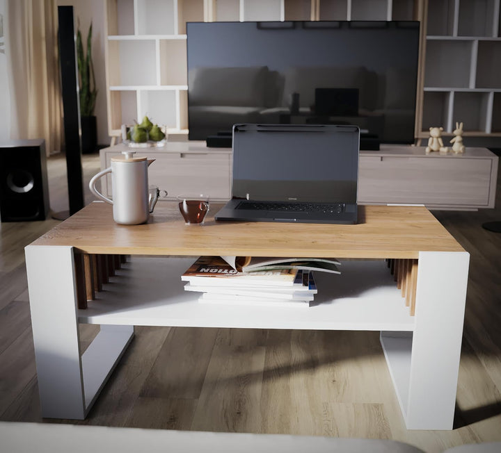 defiPad Couchtisch Eiche Weiss im Lamellendesign mit Stauraum, 92x50 cm Weiss + Eiche, Weiss + Eiche