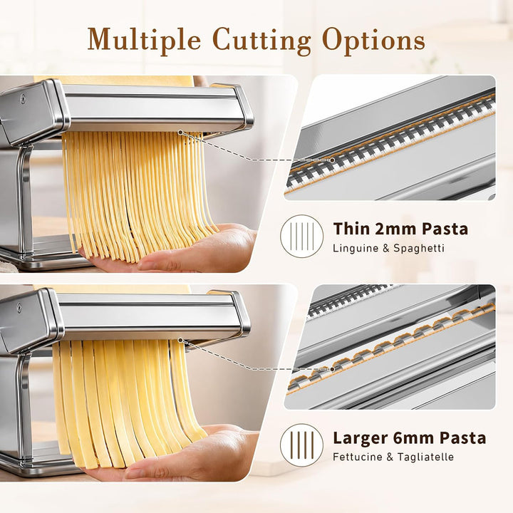 Nudelmaschine Manuelle, Edelstahl Pasta Maker mit 2 Schneidern, Nudeltrockner Nudelständer und 9 Ein