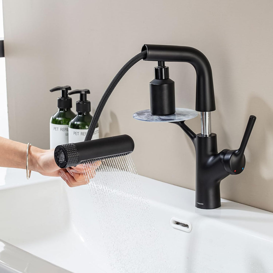 Waschtischarmatur Schwarz Wasserhahn Bad mit Ausziehbar 6 Brause, Schwarz