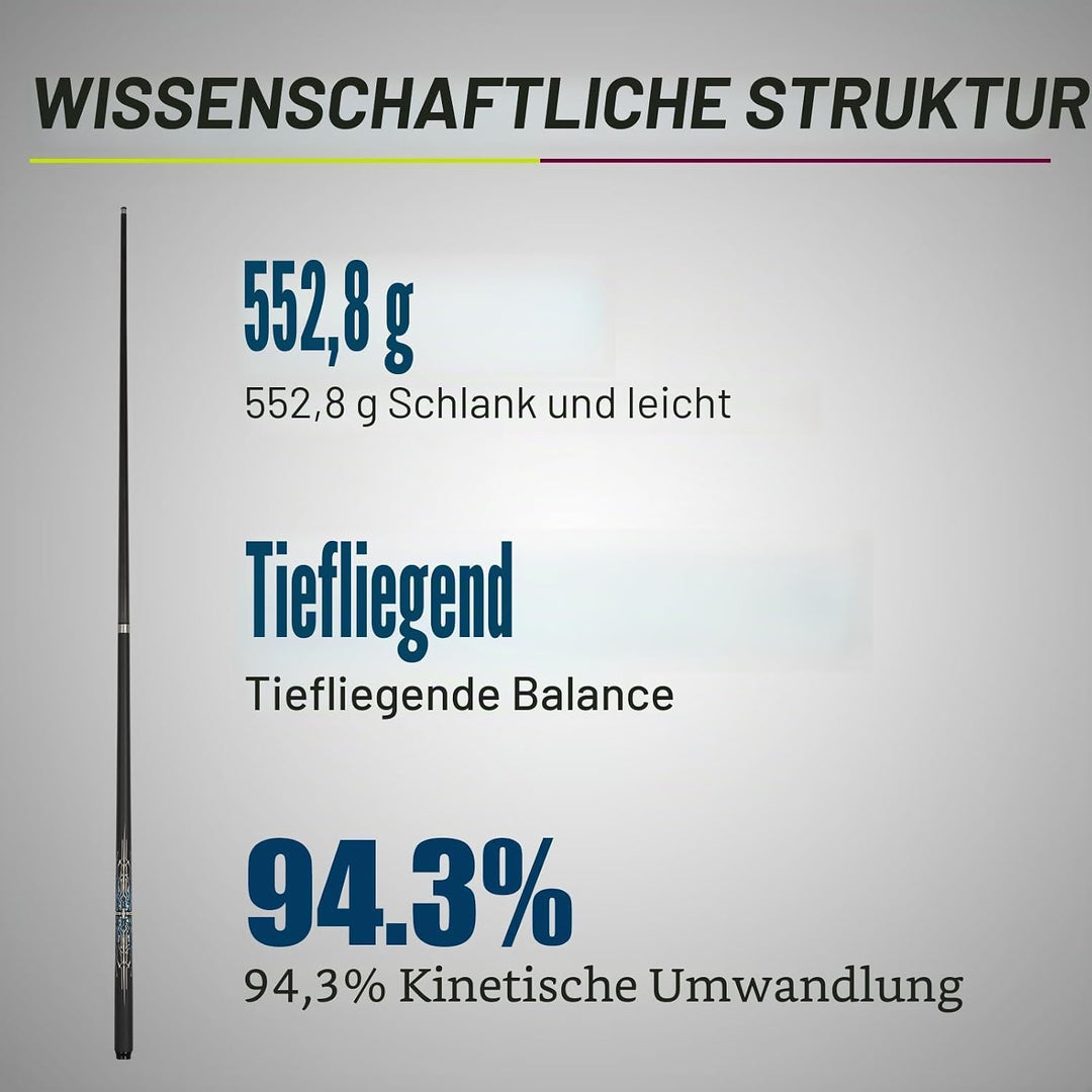 Billardqueue-Stick aus Karbonfaser, 553 ml, professionelle 10 mm Regenbogenspitze, inklusive Queueet