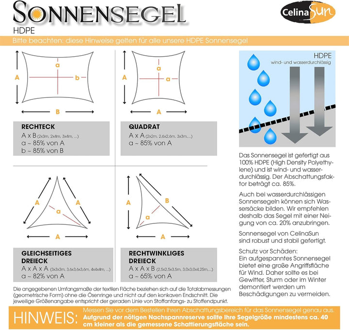 CelinaSun Sonnensegel inkl Befestigungsseile Premium HDPE wetterbeständig atmungsaktiv Quadrat 2 x 2