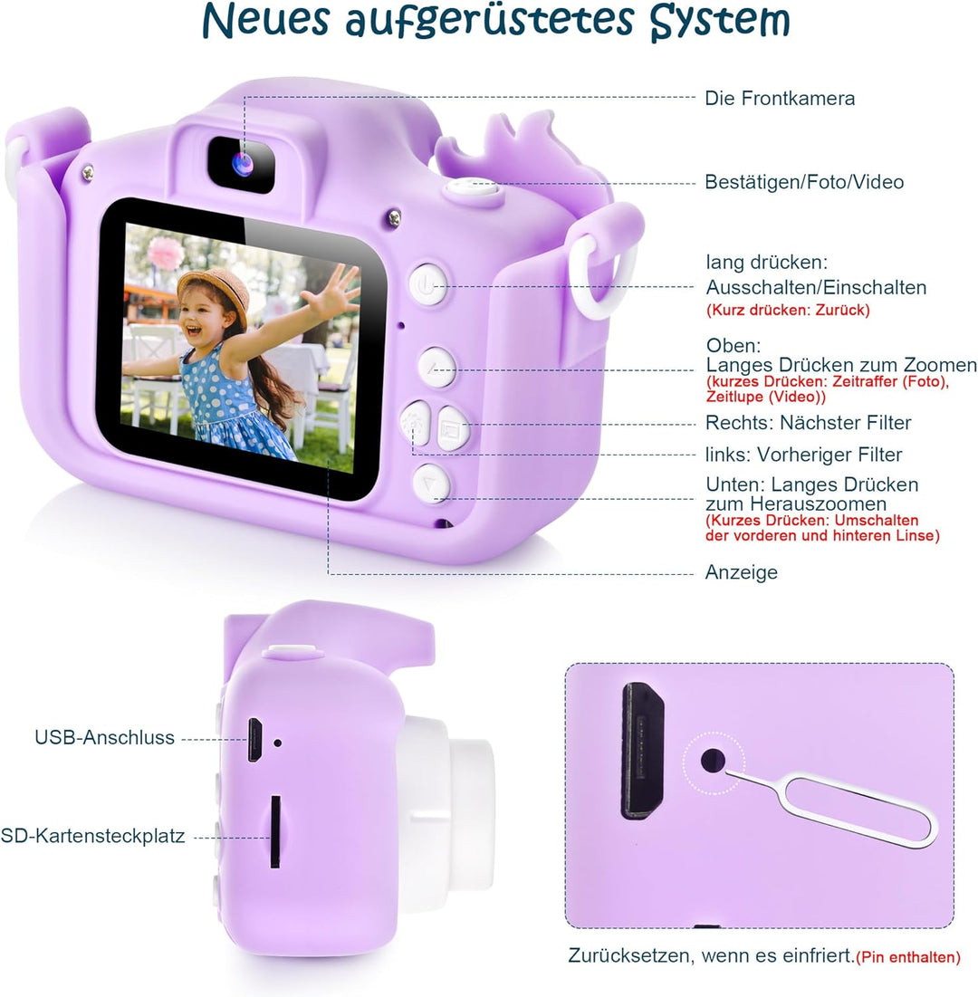 ARNSSIEN Kinderkamera, Digitalkamera Kinder mit HD IPS Bildschirm, 10 Denkspiele &amp; Vollständiger Obj