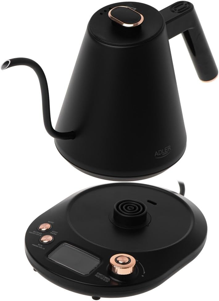 ADLER EUROPE AD 1349 Wasserkocher 1L – Schwarz-Gold, LED-Temperaturanzeige, 900W, Temperaturregulier