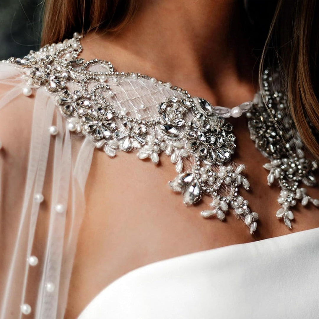 Wedding Shawl Pearls and Rhinestone Capes Soft Tulle Bridal Scarf Evening Shawl Wedding Wraps Off Wh