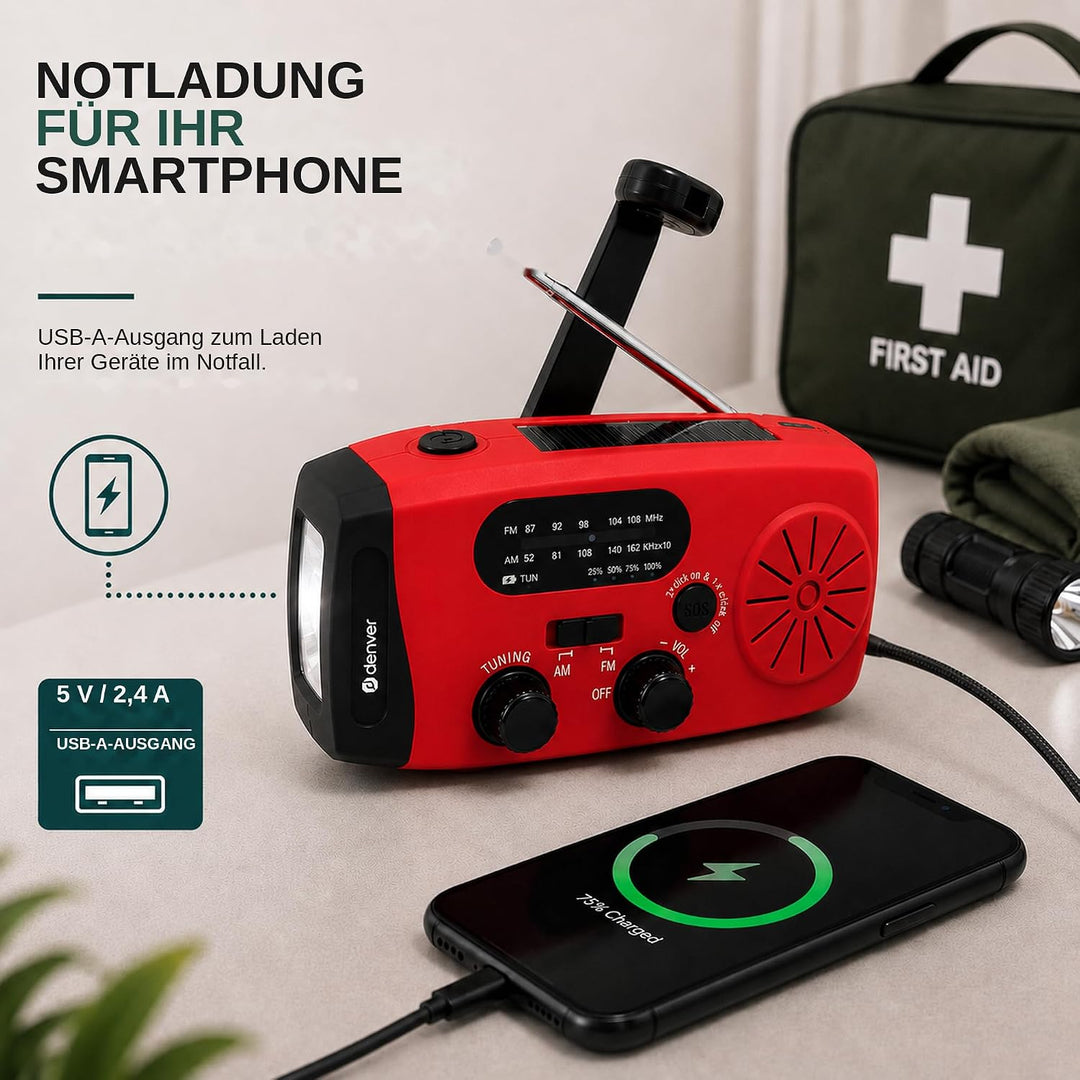 Denver Kurbelradio mit Solar und Powerbank, Notfallradio, kleines Radio