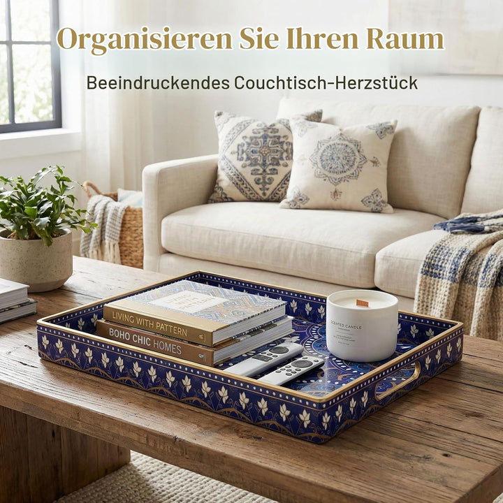 Dekoratives Serviertablett mit Griffen - 40 cm x 30 cm Blaues Mandala-Muster Rechteckiges Kunststoff