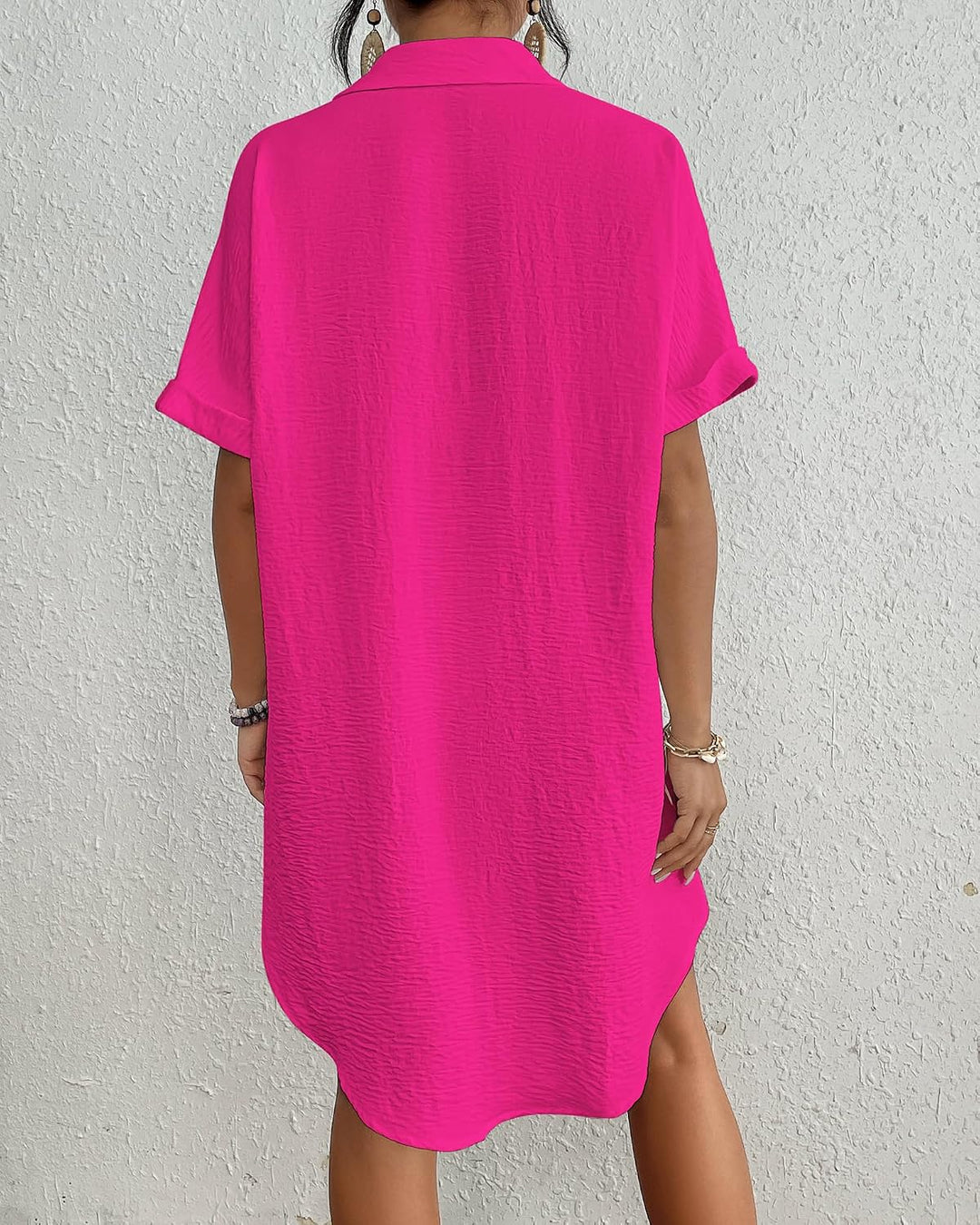 Bsubseach Frauen Badeanzug Coverup Shirt Kleid Button Down Badeanzug Cover Up Beachwear Knallpink (H