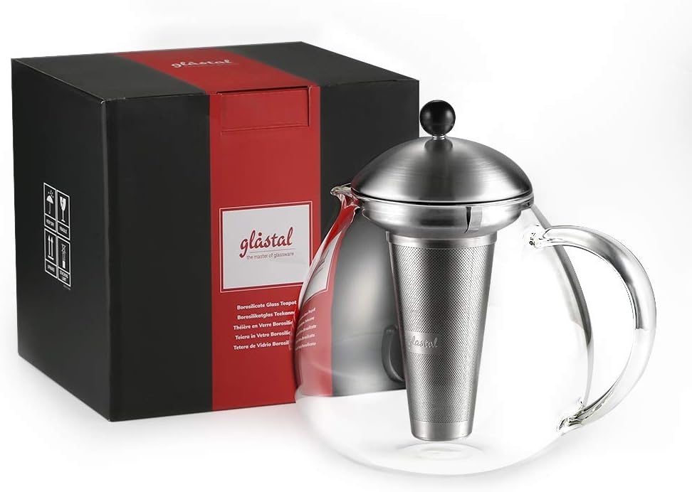 glastal Glas Silberne Teekanne 1500ml mit 18/8 Edelstahl Teesieb Borosilicate Glas Teebereiter Glask