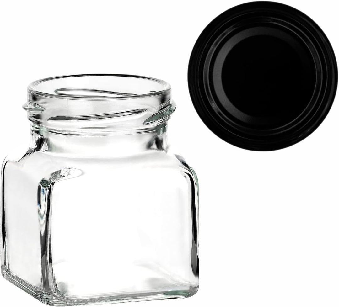 gouveo 24er Set Einmachgläser 120 ml (0,12 l) Einmachglas 120 ml eckig Twist-Off Schraubdeckel schwa