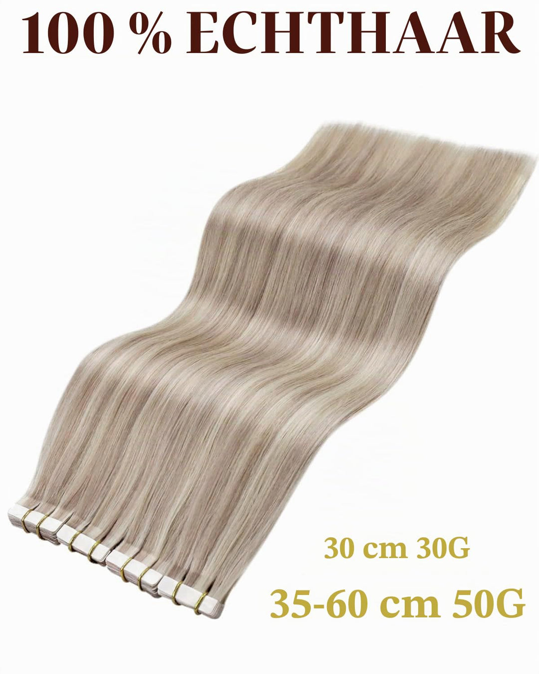 Hetto Tape Extensions Echthaar, Mittelblond &amp; Platinblond Highlights, 30cm | 20 Stucke 30g 100% Remy