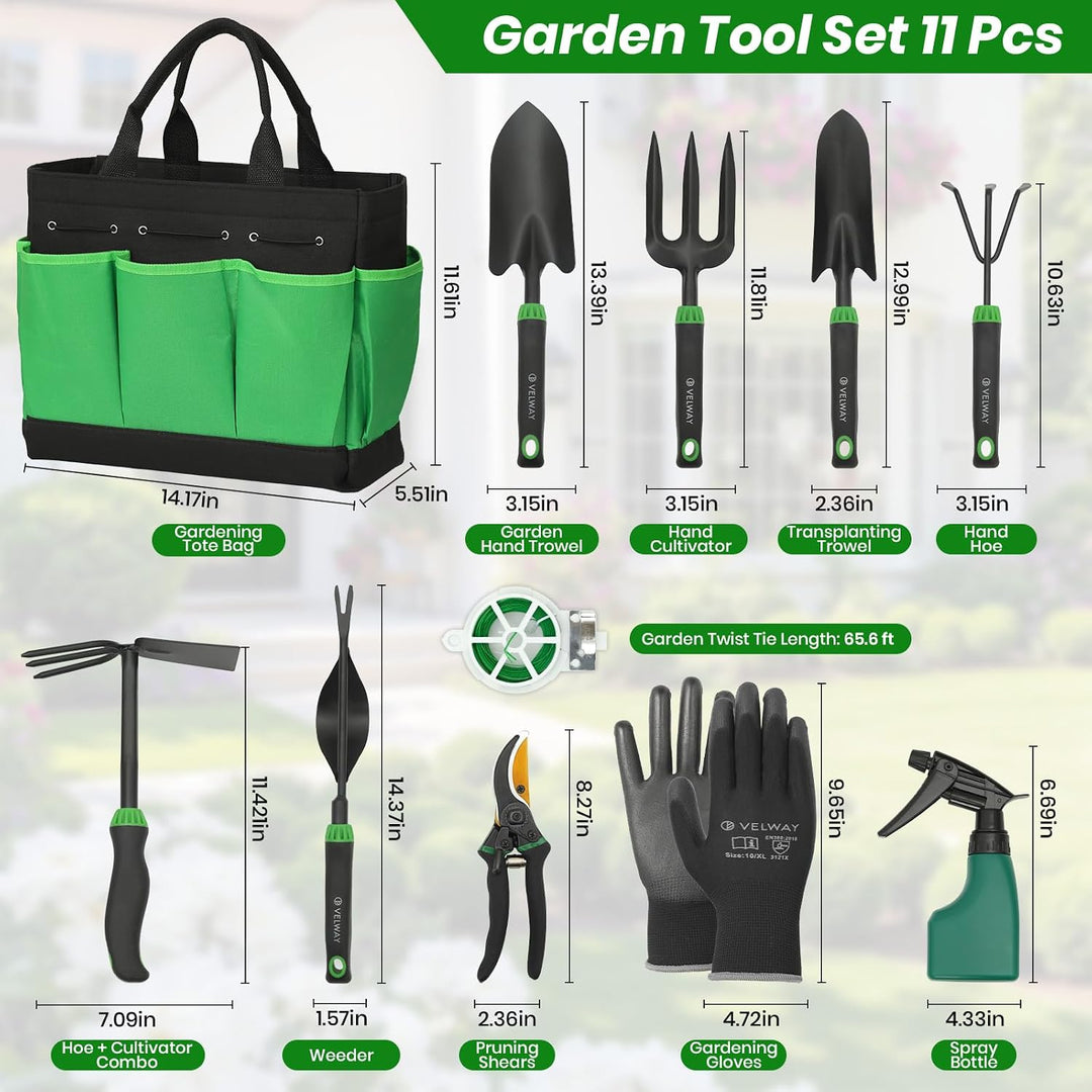 Velway Gartenwerkzeug Set 11 Stück - Gartengeräte aus Edelstahl, Robuste Handwerkzeuge mit ergonomis