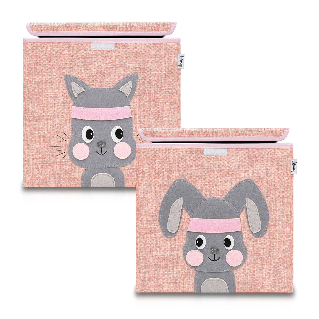 Aufbewahrungsbox mit Deckel im 2er Set Hase und Katze I Doppelpack Spielzeugbox mit Tiermotiv passen
