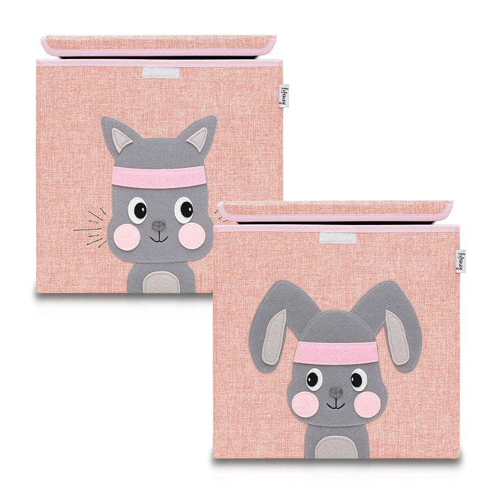 Aufbewahrungsbox mit Deckel im 2er Set Hase und Katze I Doppelpack Spielzeugbox mit Tiermotiv passen