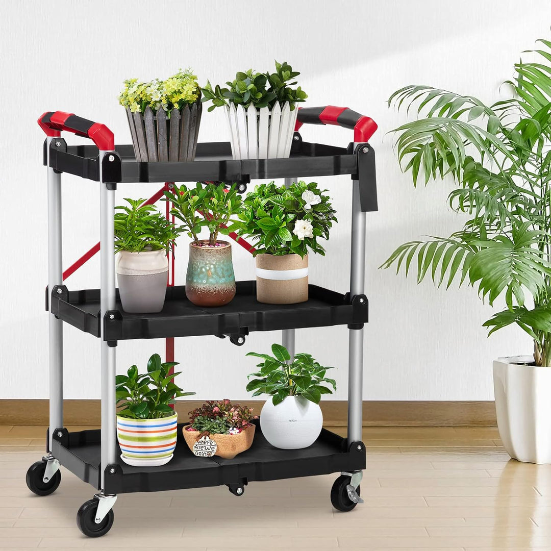 Towallmark Klappbar Servierwagen mit Rollen, 3 Etagen klappbar Rollwagen Küchenwagen 60x38x83cm Trag