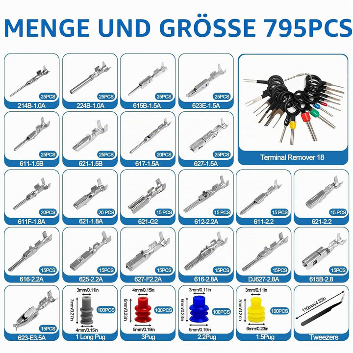 Kfz Stecker Pins Elektrik Set, 813 Stück Kfz Stecker Pin Zubehör 1/1.5/1.8/2.2/2.8/3.5mm, Drahtdicht