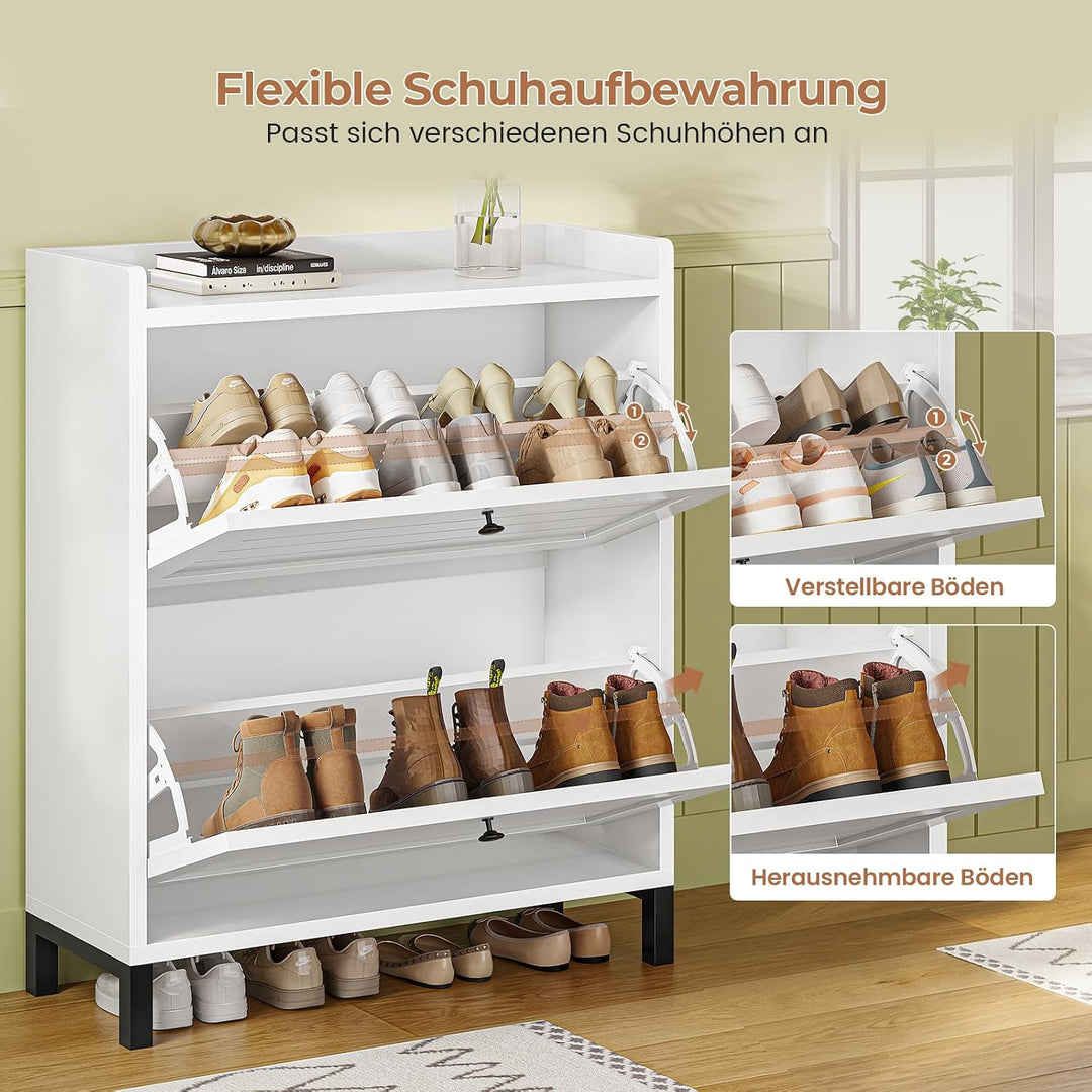 AOGLLATI Schuhschrank Schmal, Schuhkipper mit 2 Klappen, Holz, Weiss 2 Klappen Schuhschrank, 2 Klapp