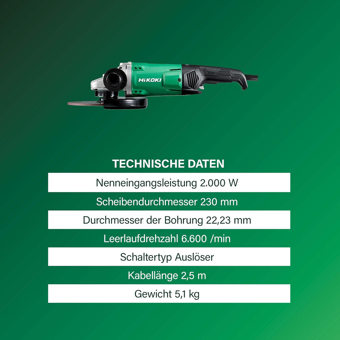 HIKOKI -Winkelschleifer G23ST (2000 Watt,230VScheiben-Ø 230mm, im Karton), Grün Schwarz
