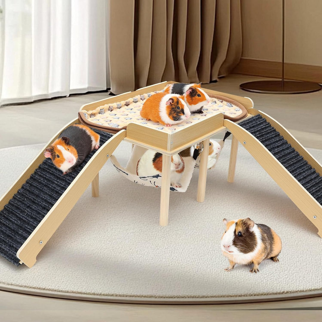 Holz Mehrstöckige Meerschweinchenburg mit Hängematte und Rampe, Versteck für Zwerghamster &amp; Rennmäus