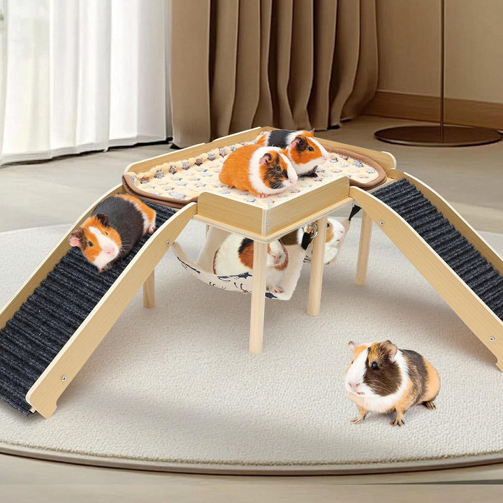 Holz Mehrstöckige Meerschweinchenburg mit Hängematte und Rampe, Versteck für Zwerghamster &amp; Rennmäus