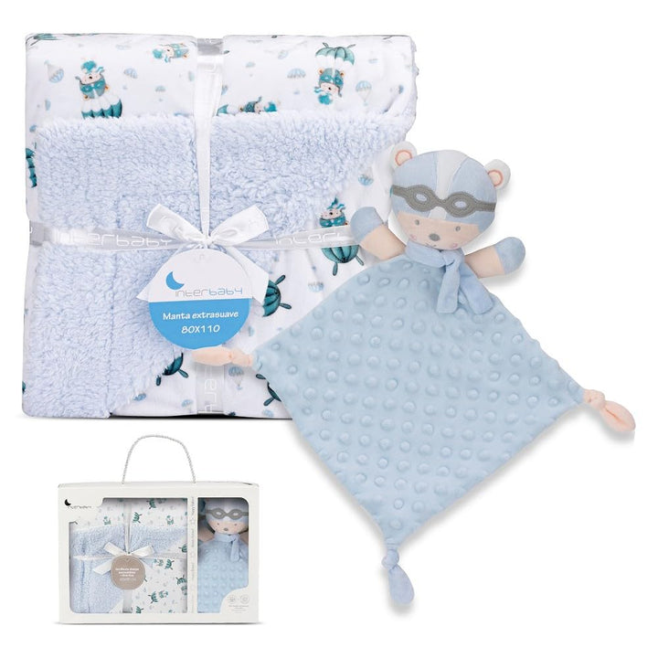 Baby-Geschenkset: Blauer Decke "Paracaidista" mit doudou