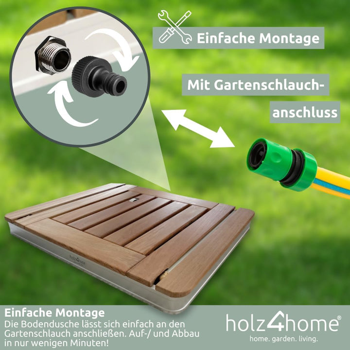 holz4home® Bodendusche als Gartendusche oder Pooldusche I Eckig aus Teakholz und Aluminium I Höhenve