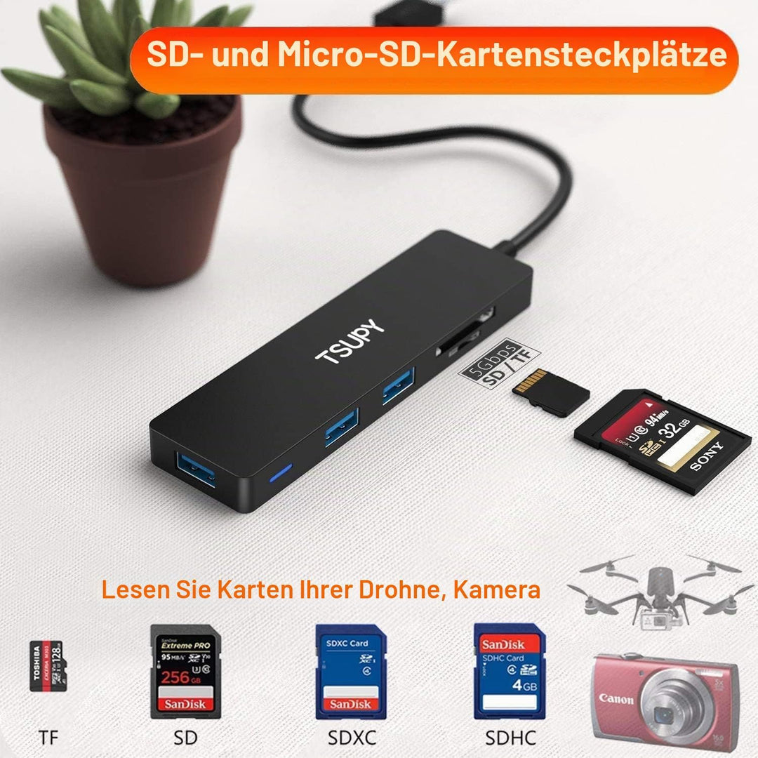 TSUPY USB-3.0-Hub, Multiport-Splitter, 5 USB-Ports mit Micro-SD-Kartenleser für PC, MacBook, Surface