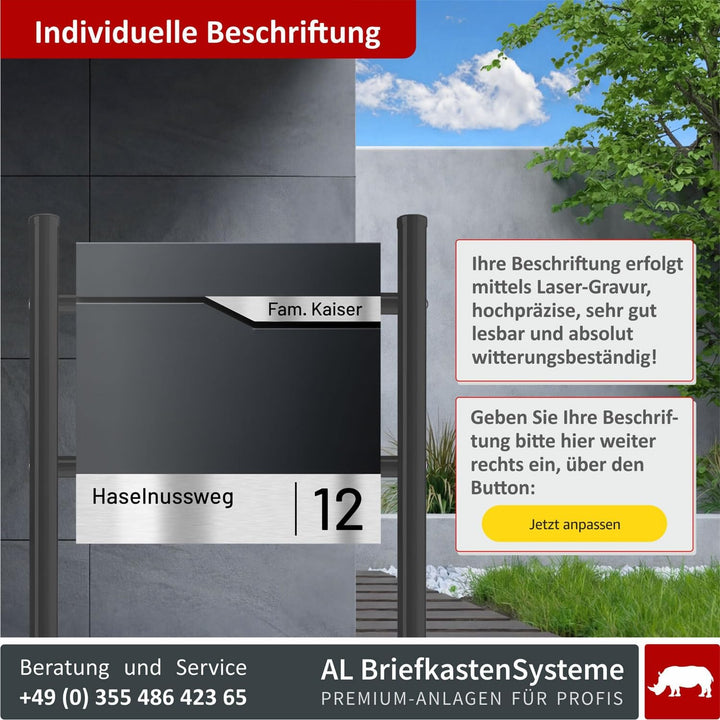 AL Briefkastensysteme Laser-Line Standbriefkasten personalisiert mit Name &amp; Hausnummer in RAL 7016 A