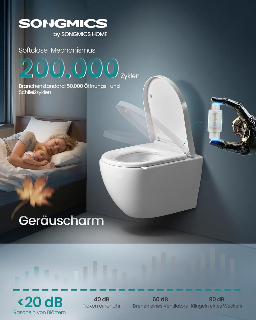 SONGMICS Toilettendeckel, kurze D-Form, mit Absenkautomatik, Griff, WC Sitz D-Form Kurze, D-Form Kur
