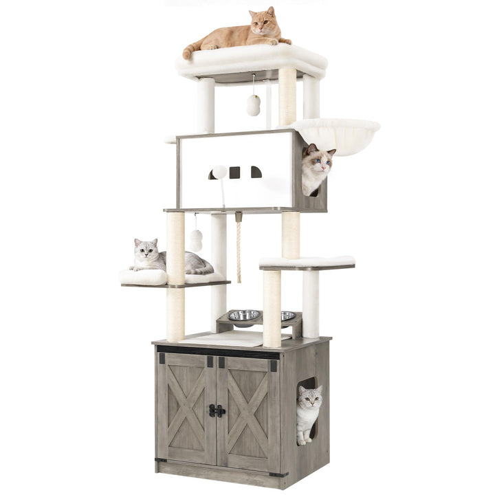 Hzuaneri Kratzbaum, Katzenbaum mit Katzenklo Schrank, Futterstation, 173 cm Hoch, mit Grosser Plattf