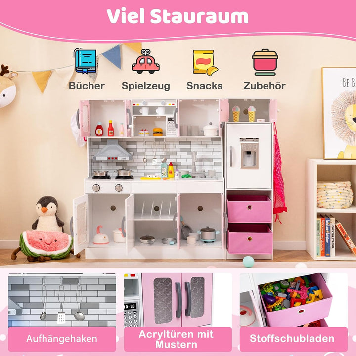 COSTWAY Kinderküche mit Licht, Sound &amp; Wasserfunktion, modulare Spielküche Rosa, Rosa