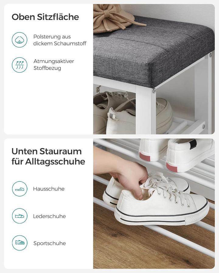 SONGMICS Schuhbank, Schuhregal mit 3 Ebenen, Schuhaufbewahrung, Sitz mit Schaumstoffpolsterung, Lein