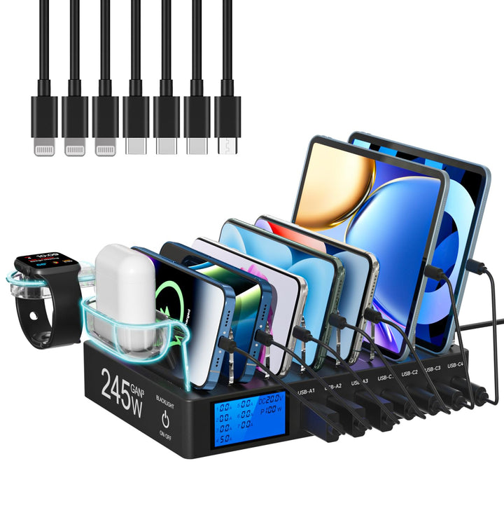 Ladestation Mehrere Geräte, 245W 7-Port-Handy Ladestation mit LCD-Anzeige, 100W PD USB C Schnelllade