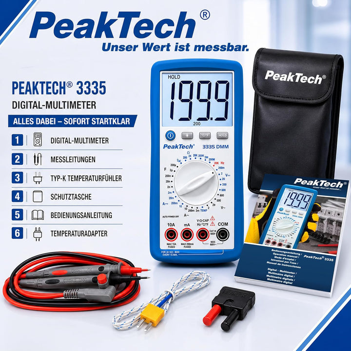 PeakTech Digitalmultimeter, 3 1/2 stellig Extra grosser LCD-Bildschirm - 2.000 Counts Single, Extra