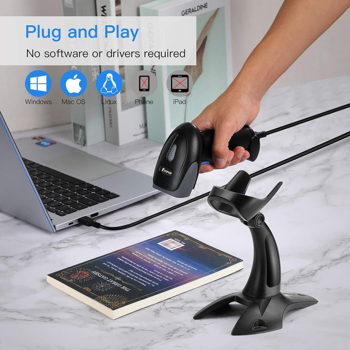 Eyoyo 1D 2D QR Barcode Scanner with Stand, Handheld USB Wired Scanner for Inventory Management, Port